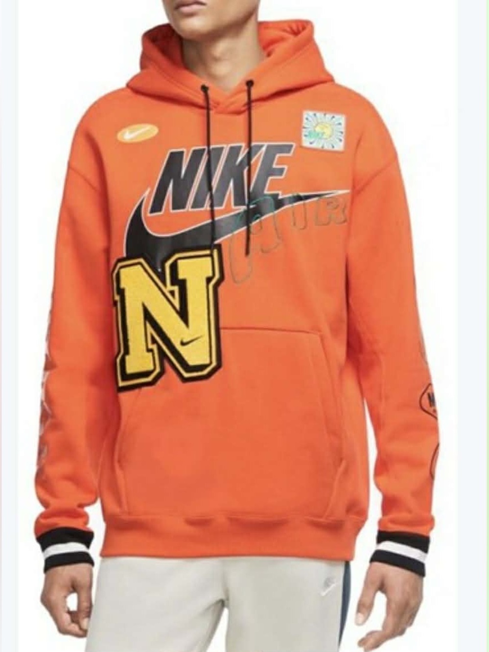 Nike Orange Graphic Logo Hoodie with Yellow Patch - Men's